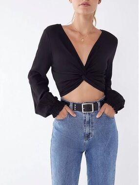 Urban Outfitters Black Twist-Front Long Sleeve Crop Top
